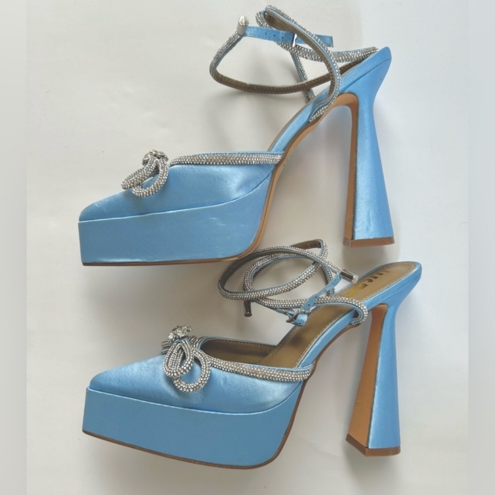 NWOT Satin, ankle wrap platform shoes